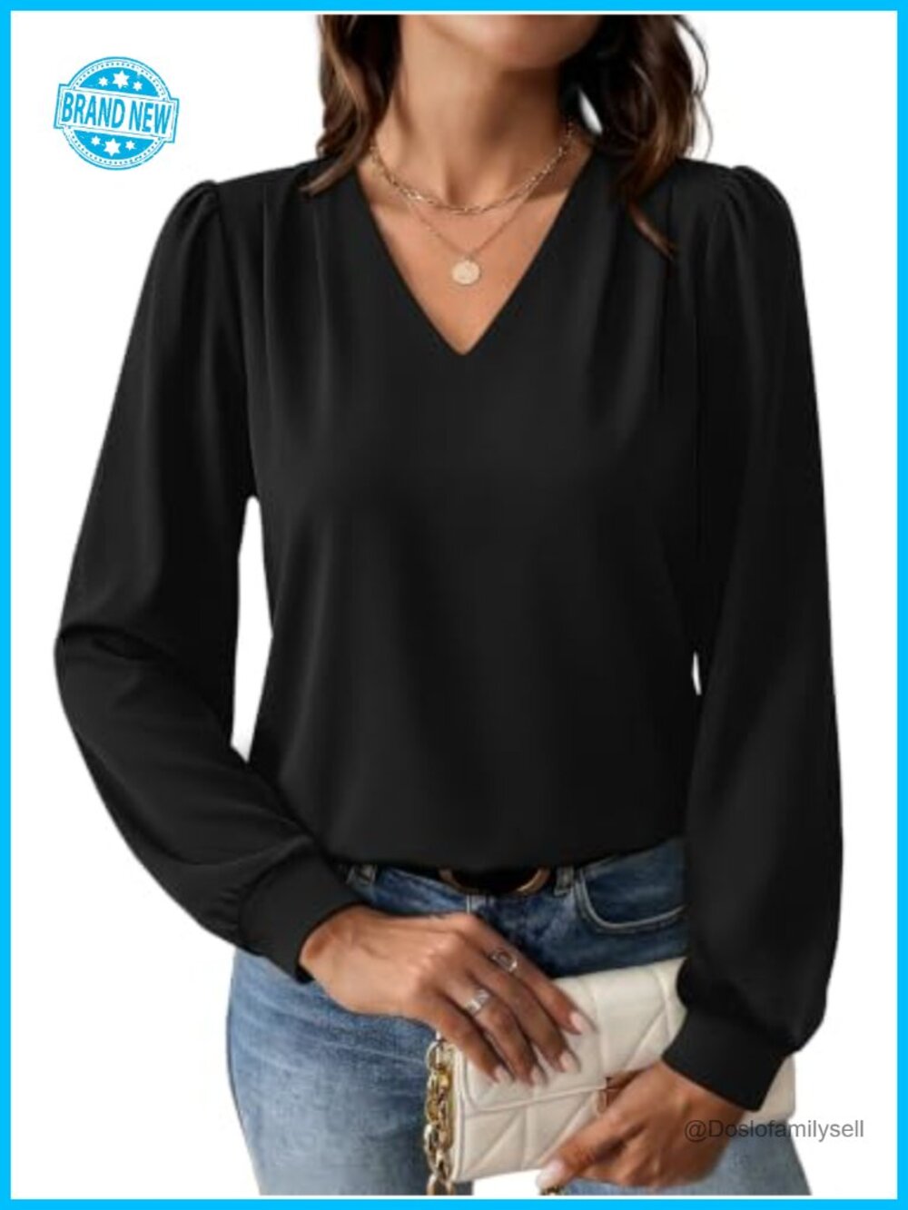 Womens V Neck Puff Sleeve Blouse Pleated Long Sleeve Dressy Casual Top